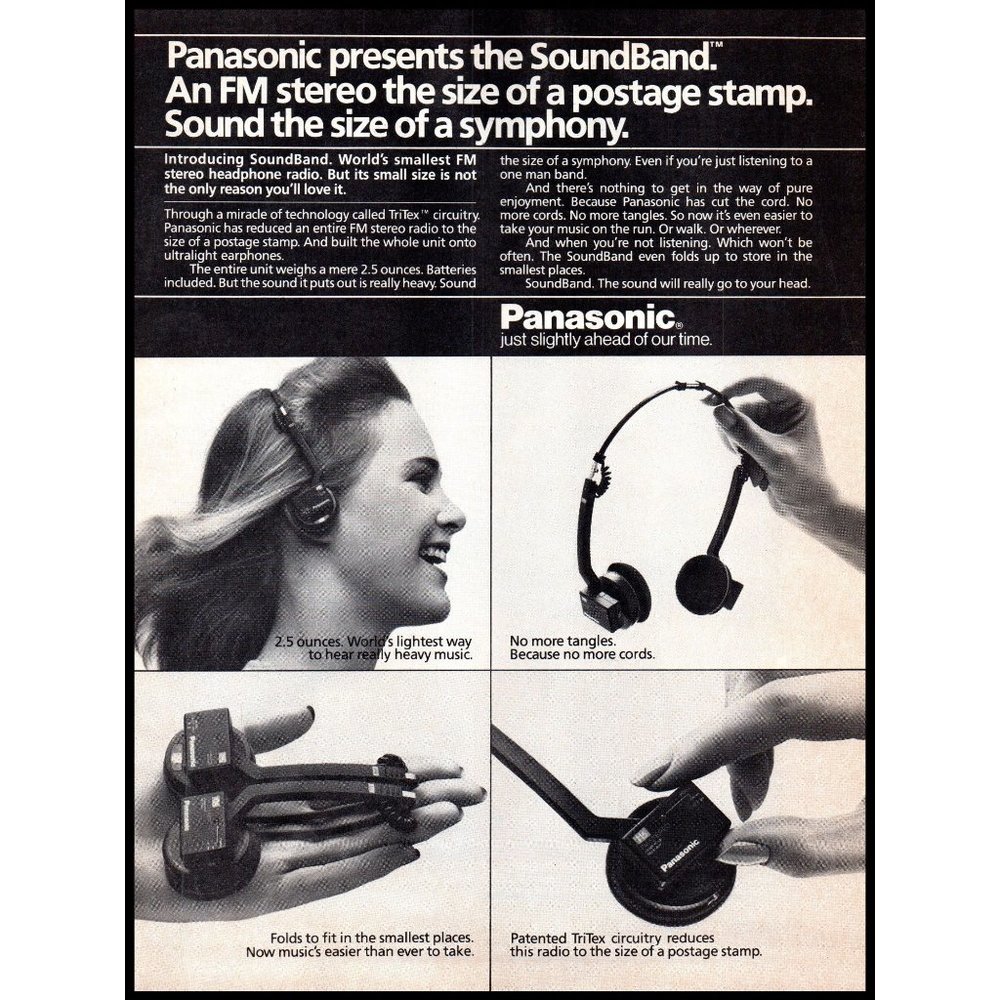 1984 Panasonic SoundBand Radio Headphones Wireless Vintage Print Ad Wall Art